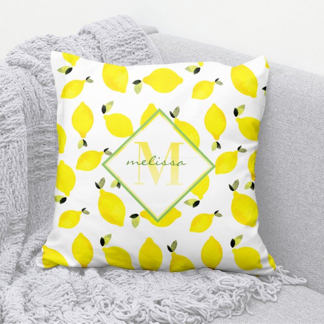 Ombre Monogram Bright Lemons Yellow Green White Throw Pillow