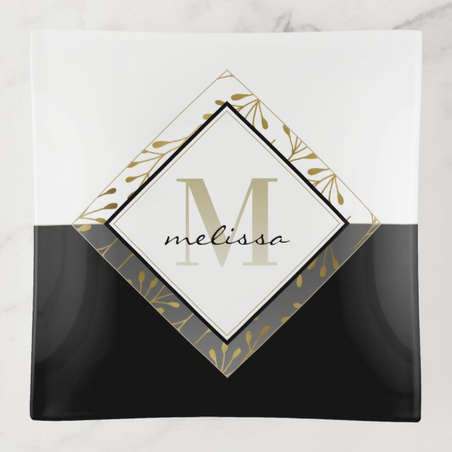 Ombre Monogram | Classic Black + White + Gold Trinket Tray