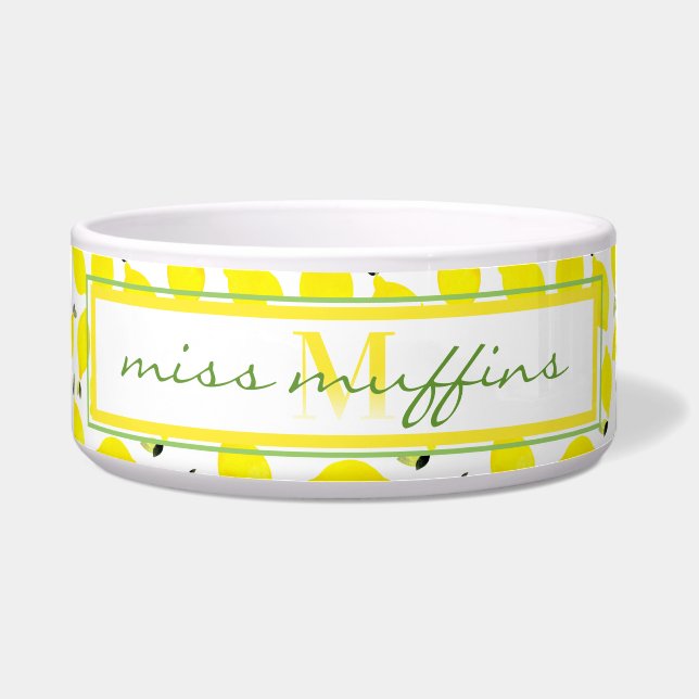 Ombre Monogram + Lemons Yellow + Green + White Pet Bowl (Front)