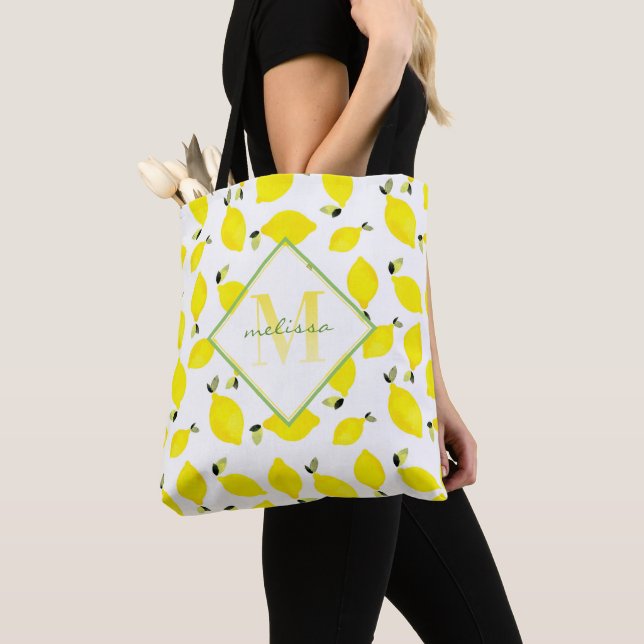 Ombre #Monogram + #Lemons Yellow + Green + White Tote Bag (Close Up)