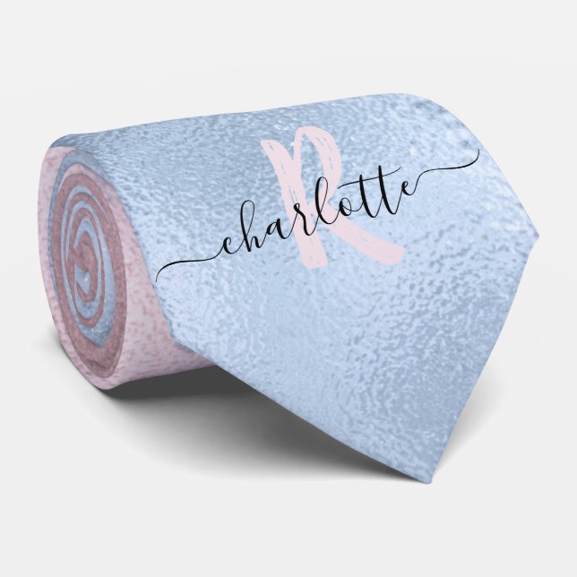 Ombre Monogram Shimmery Rose Gold and Baby Blue Neck Tie (Rolled)