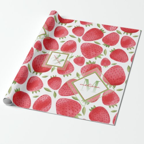 Ombre Monogram  Strawberries Red  Green  Pink Wrapping Paper