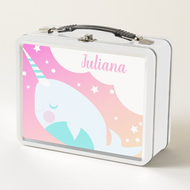 Ombre Narwhale Colorful Magical Cartoon Name Metal Lunch Box (Front)