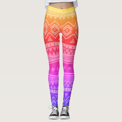 Ombre Neon Pink Purple Yellow Boho Tribal Pattern Leggings