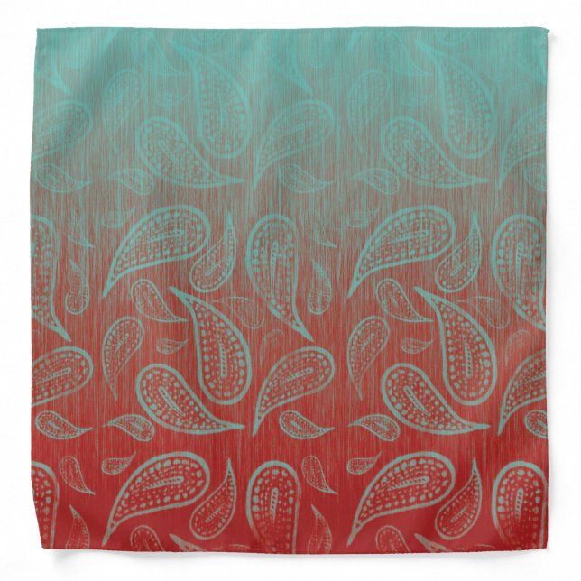 Ombre Paisley Turquoise and Coral Red Bandana (Front)