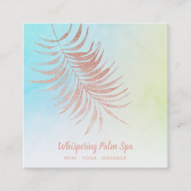 *~*  Ombre Pastel Rose Gold Palm Branch Turquoise Square Business Card (Front)