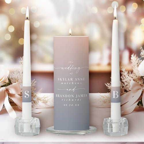Ombre Pink  Blue Bride  Groom Monogram Wedding Unity Candle Set
