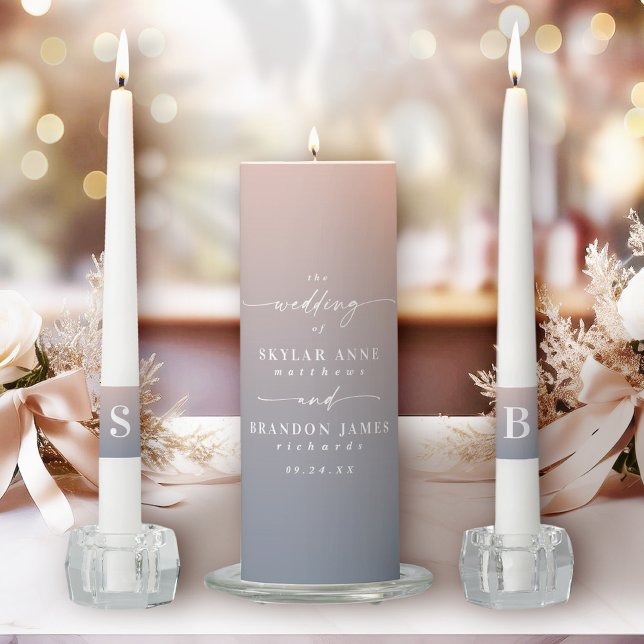 Ombre Pink & Blue Bride & Groom Monogram Wedding Unity Candle Set (Symbolize the joining of two hearts with this Personalized Wedding Unity Candle Set.)