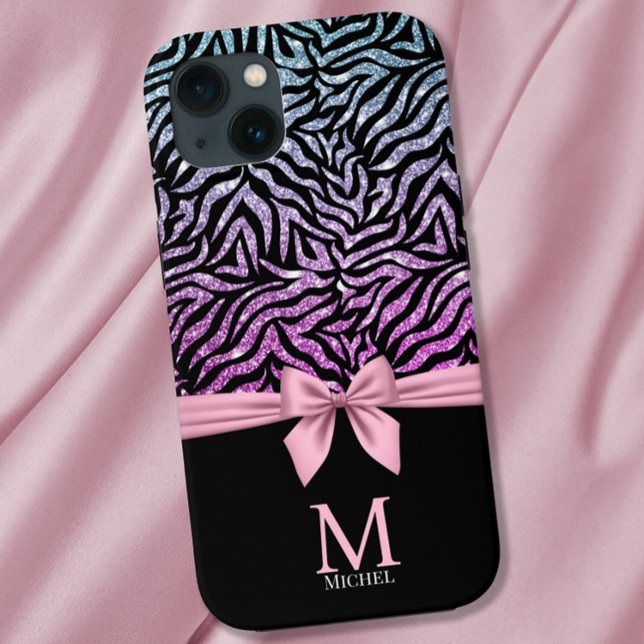 Ombre pink-blue Glitter Zebra Stripes Bow Monogram Case-Mate iPhone Case (Creator Uploaded)