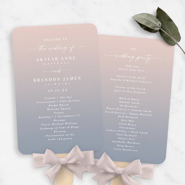 Ombre Pink & Dusty Blue Wedding Ceremony Program Hand Fan (Creator Uploaded)