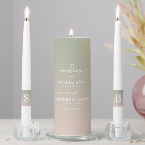 Ombre Pink  Green Bride  Groom Monogram Wedding Unity Candle Set