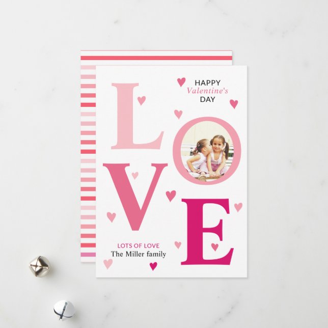 Ombre pink  LOVE Valentines Day two photos Holiday Card (Front/Back In Situ)