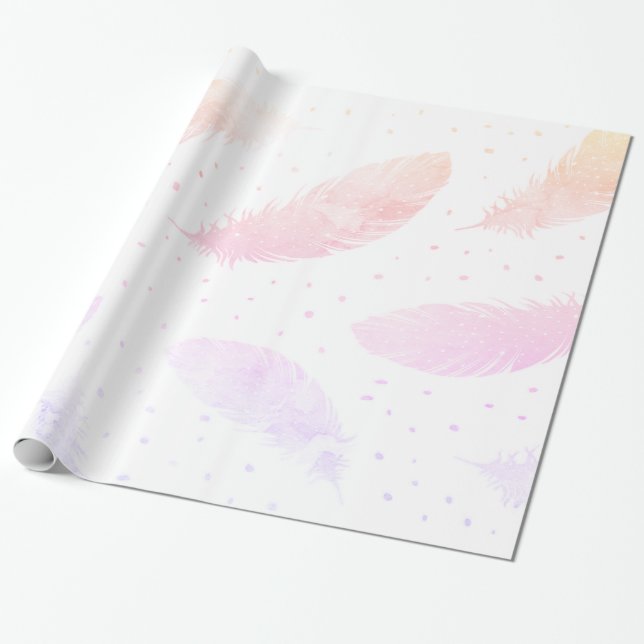 *~* Ombre Pink Peach Lavender Feathers on White Wrapping Paper (Unrolled)