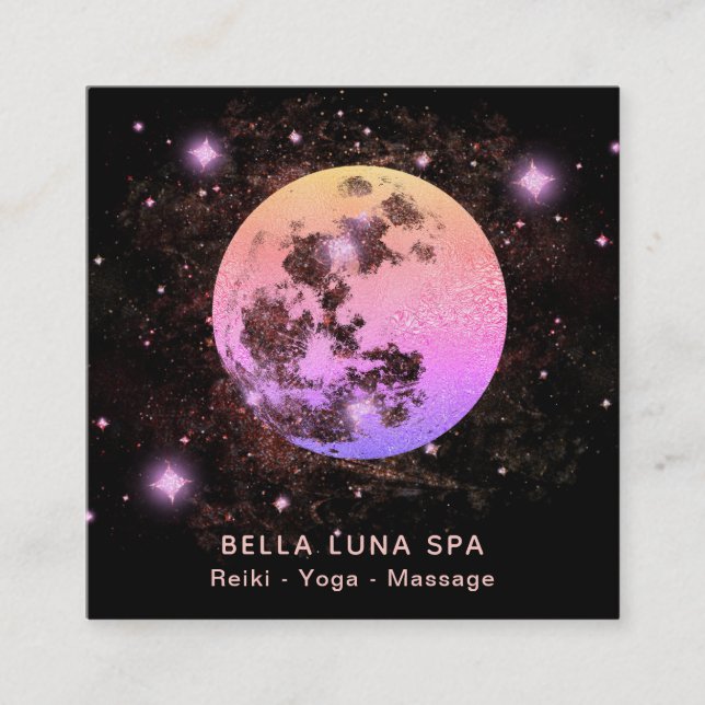 *~* Ombre Pink Peach Moon Stars Square Business Card (Front)