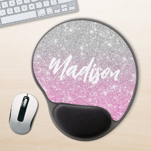 Ombre Pink Silver Glitter Calligraphy Name Gel Mouse Pad
