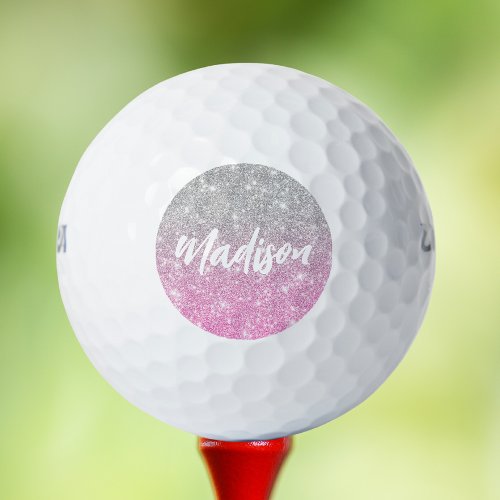 Ombre Pink Silver Glitter Calligraphy Name Golf Balls