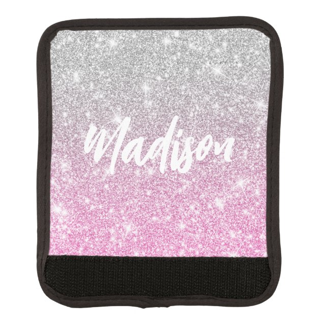 Ombre Pink Silver Glitter Calligraphy Name Luggage Handle Wrap (Front)