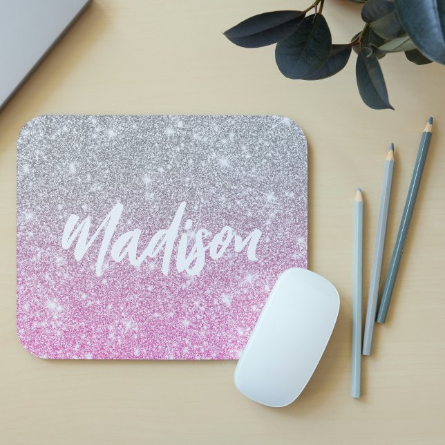 Ombre Pink Silver Glitter Calligraphy Name Mouse Pad (Creator Uploaded)