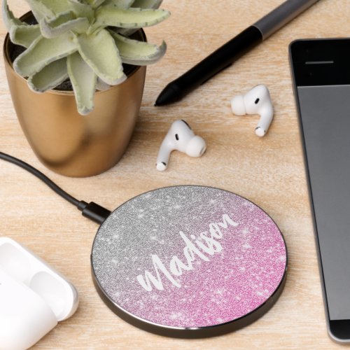 Ombre Pink Silver Glitter Calligraphy Name Wireless Charger