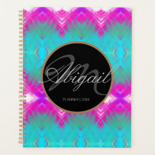 Ombre Pink Turquoise Blue Tie Dye Elegant Monogram Planner