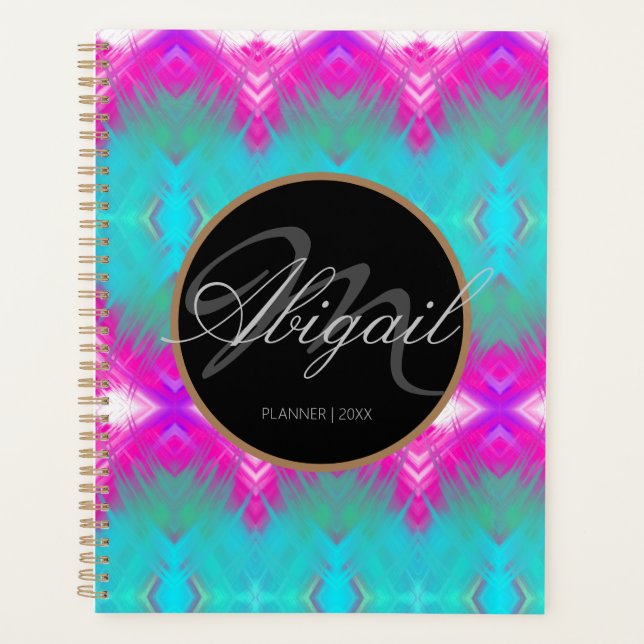 Ombre Pink Turquoise Blue Tie Dye Elegant Monogram Planner (Front)