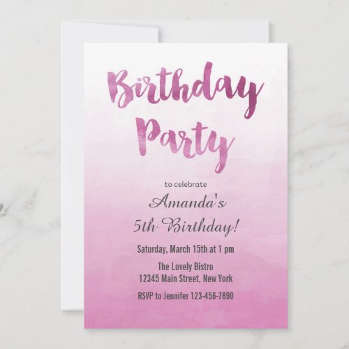 Ombre Pink Watercolor Birthday Invitation