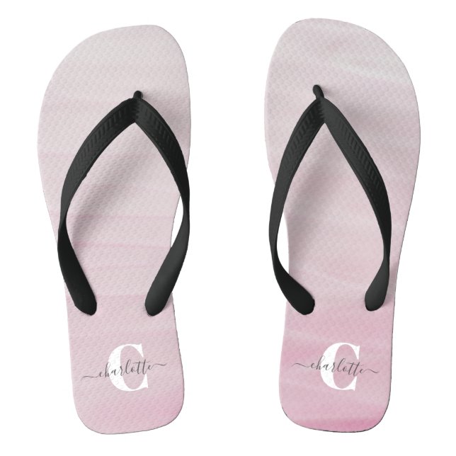 Ombre Pink Watercolor Custom Monogrammed Name   Flip Flops (Footbed)
