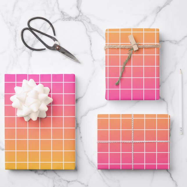 Ombre Pink Yellow Orange Grid Pattern  Wrapping Paper Sheets (Front)