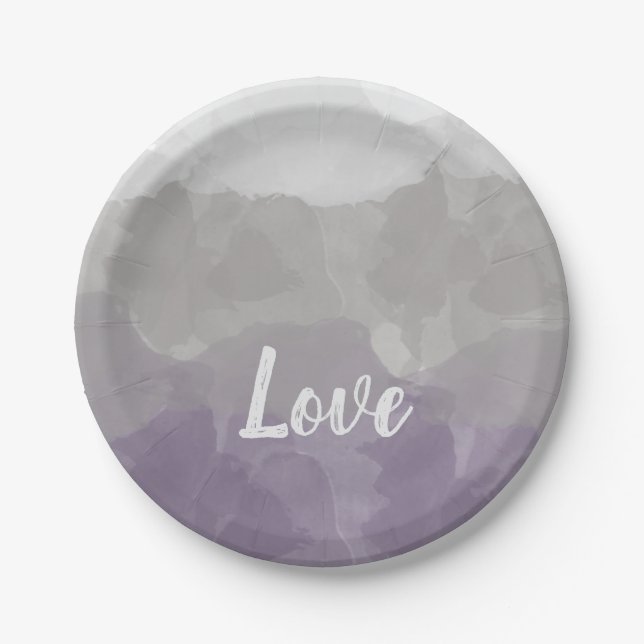 Ombre Purple and Gray Love Graceful Gradient Paper Plates (Front)