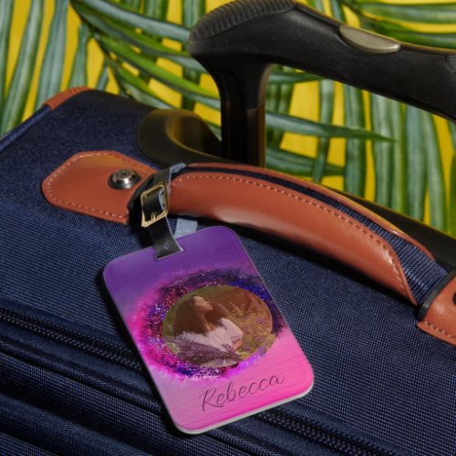 Ombre Purple and Pink Circle Frame Photo Luggage Tag