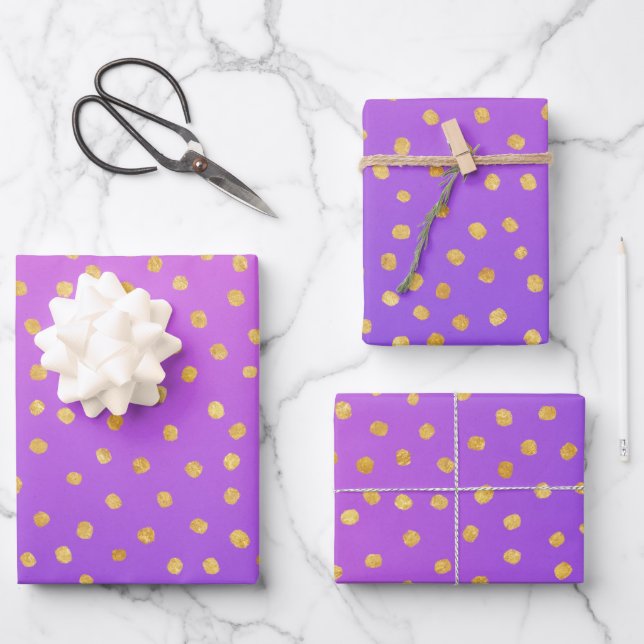 Ombre Purple Gold Confetti Dots Pattern Wrapping Paper Sheets (Front)