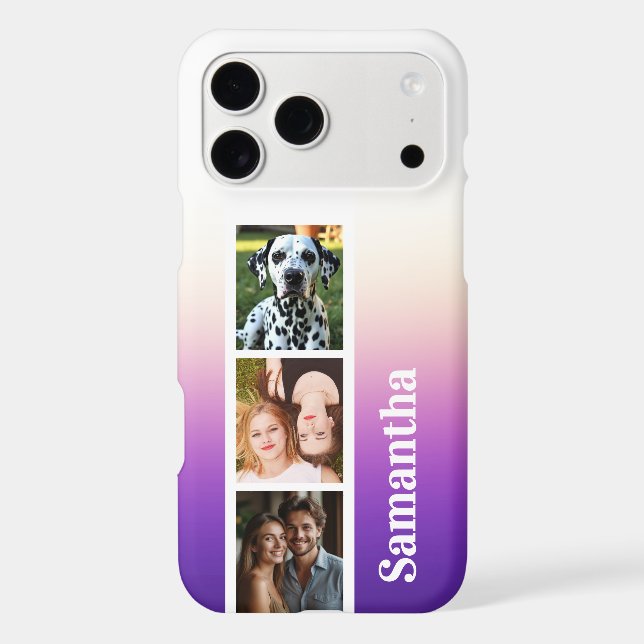 Ombre Purple Photo Collage Personalized Name Case-Mate iPhone Case (Back)