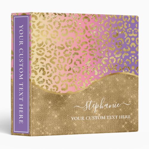 Ombre Purple Pink Gold Leopard Glam Personalized 3 Ring Binder