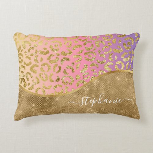 Ombre Purple Pink Gold Leopard Glam Personalized Accent Pillow