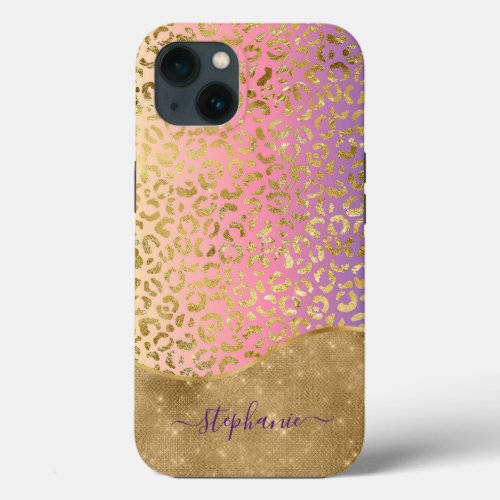 Ombre Purple Pink Gold Leopard Glam Personalized iPhone 13 Case