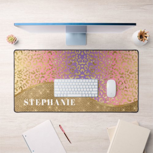 Ombre Purple Pink Gold Leopard Glam Personalized Desk Mat