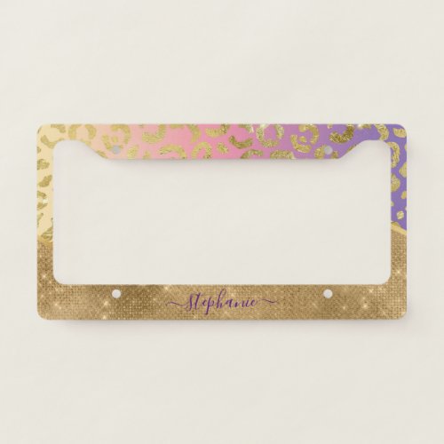 Ombre Purple Pink Gold Leopard Glam Personalized License Plate Frame
