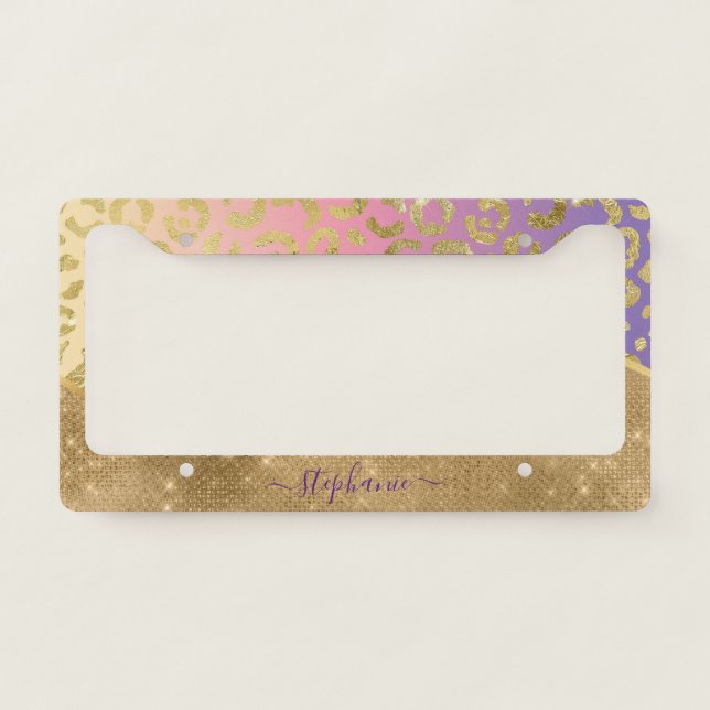 Ombre Purple Pink Gold Leopard Glam Personalized License Plate Frame (Front)