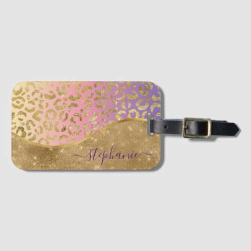 Ombre Purple Pink Gold Leopard Glam Personalized Luggage Tag