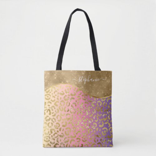 Ombre Purple Pink Gold Leopard Glam Personalized Tote Bag