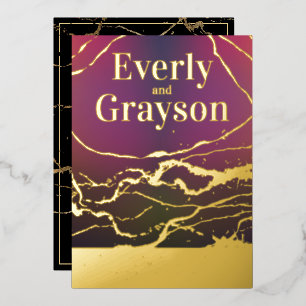 Ombre Purple Red Marble Veining Gold Wedding    Foil Invitation