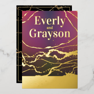 Ombre Purple Red Marble Veining Gold Wedding Foil Invitation
