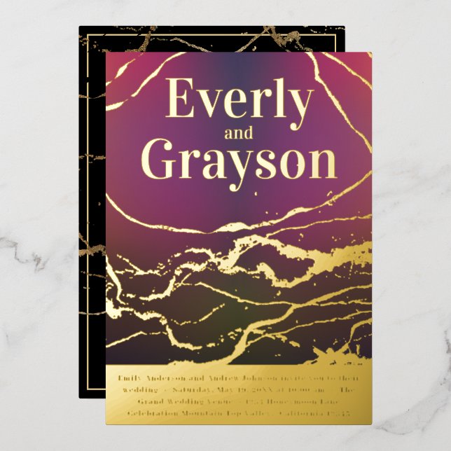 Ombre Purple Red Marble Veining Gold Wedding    Foil Invitation (Front/Back)