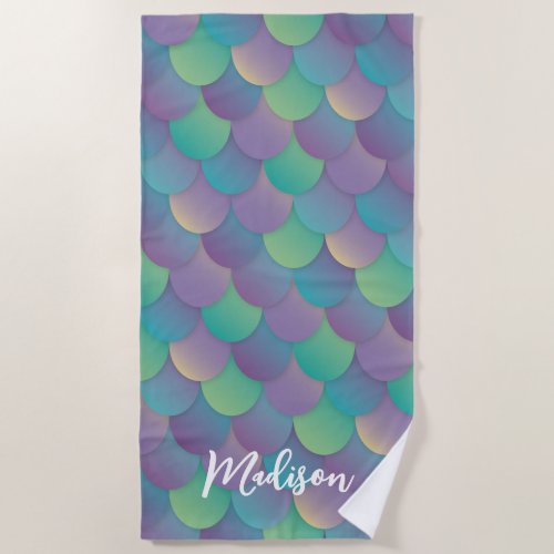 Ombre Purple Turquoise Mermaid Name Beach Towel