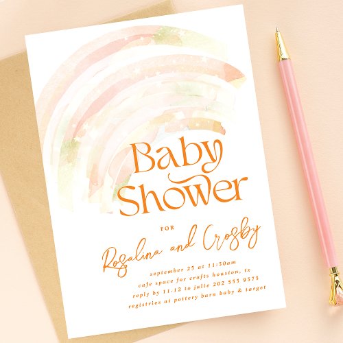 Ombre Rainbow Unisex Orange Stars Baby Shower Invitation