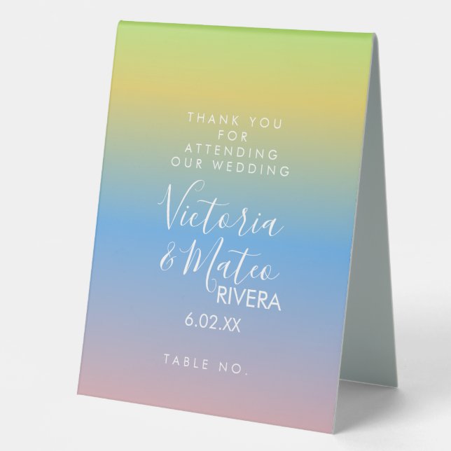 Ombre Rainbow Yellow Blue Pink Wedding   Table Tent (Front)