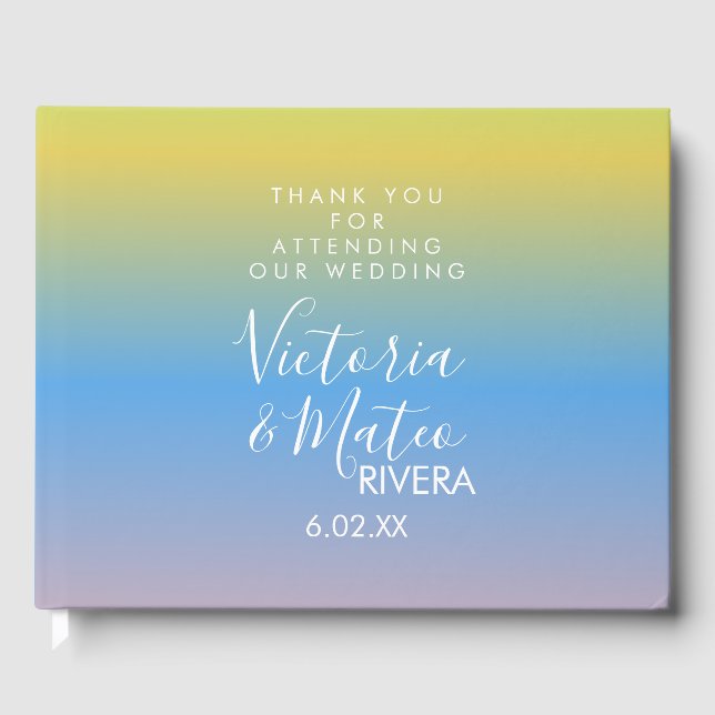 Ombre Rainbow Yellow Blue Pink Wedding  Thank You  Guest Book (Front)