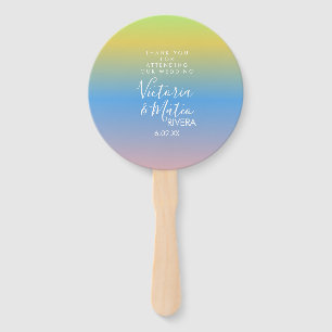 Ombre Rainbow Yellow Blue Pink Wedding Thank You Hand Fan