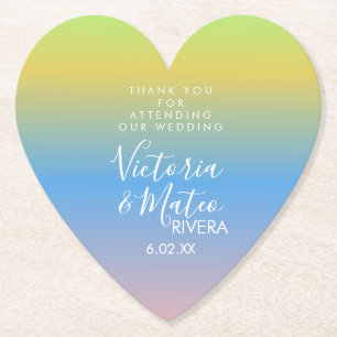 Ombre Rainbow Yellow Blue Pink Wedding  Thank You  Paper Coaster