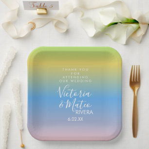 Ombre Rainbow Yellow Blue Pink Wedding Thank You Paper Plates